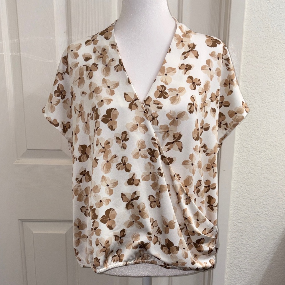Ann Taylor Factory Beige Floral Wrap Blouse